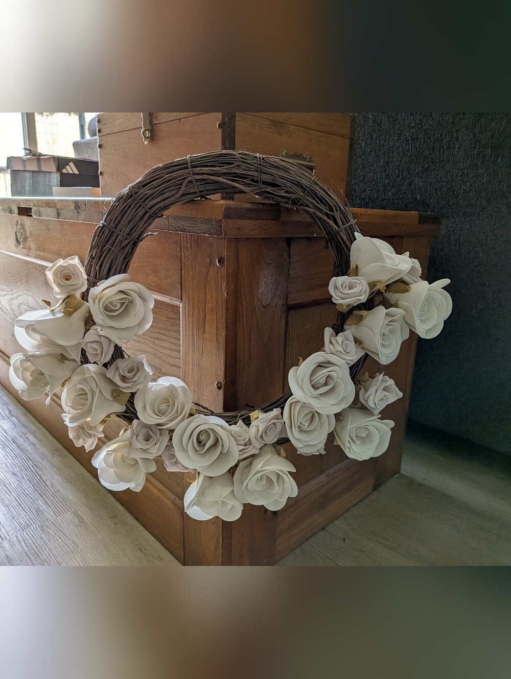 Decorative Handcrafted Floral Wreath With White Roses